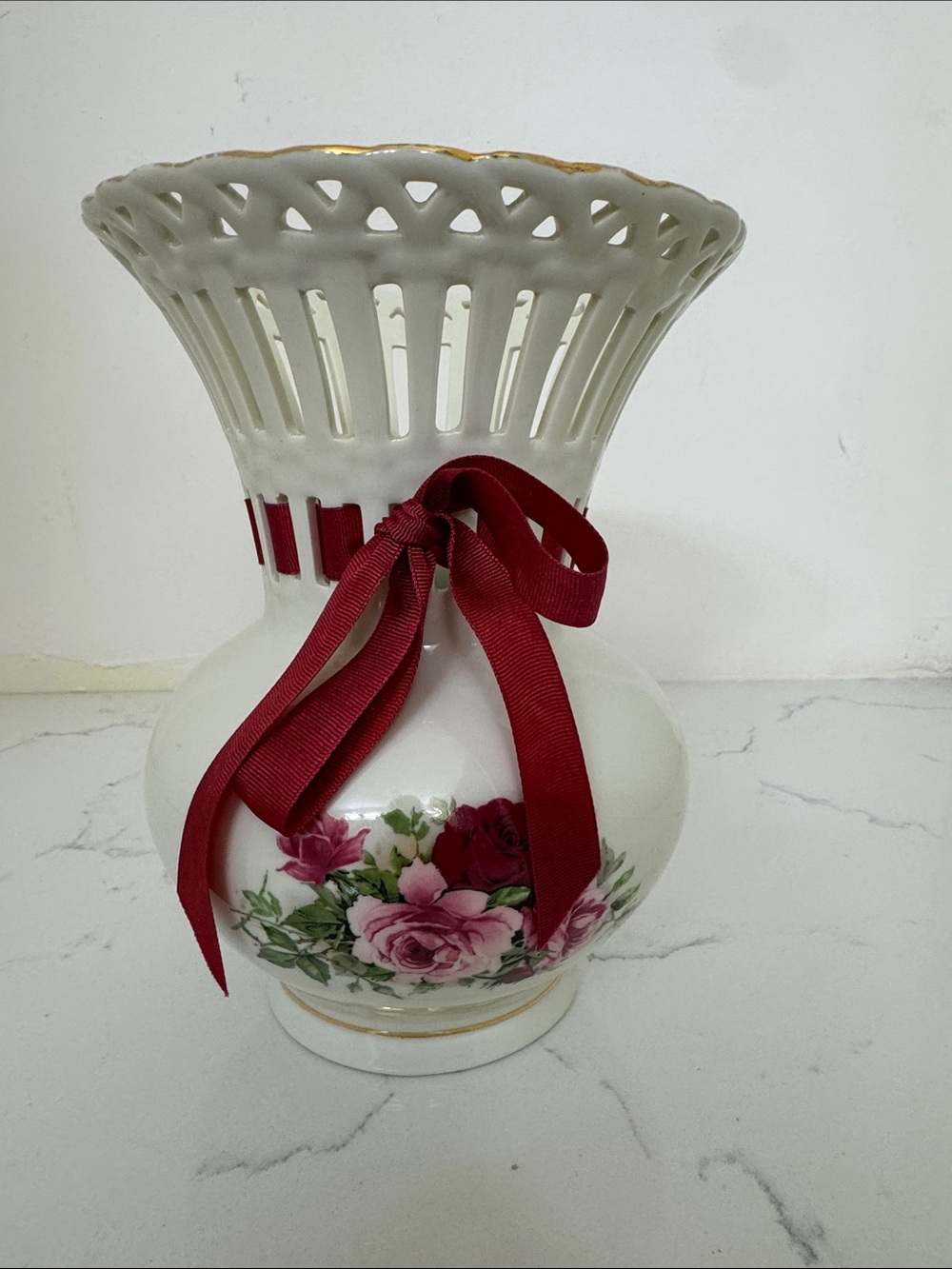 Vintage Formalities Classic Porcelain Floral Vase with Burgundy Ribbon 8”